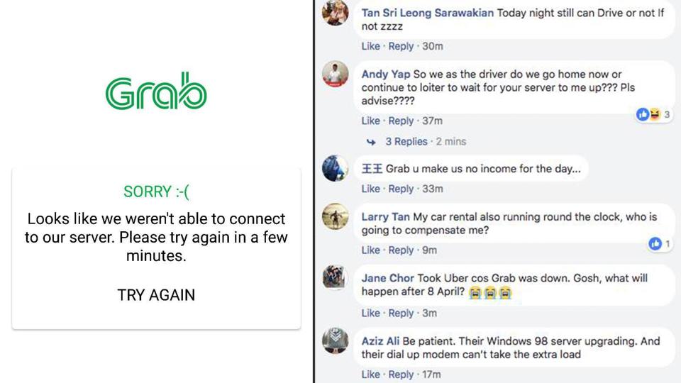 The error message (left) seen by Grab users attempting to use the app on Tuesday night and messages (right) left by frustrated drivers on Grab’s Facebook page. (PHOTOS: Facebook/Grab)