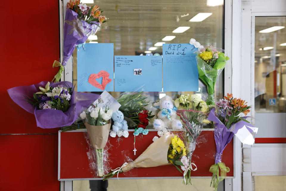 TORONTO, ON - March 27 - Flowers, notes, and stuffed animals are left outside Keele subway station as part of a memorial in Toronto. The TTC station was the site of a stabbing that took place over the weekend, which resulted in a 16-year-old boy being killed. Lance McMillan/Toronto StarMarch-27-2023        (Lance McMillan/Toronto Star via Getty Images)