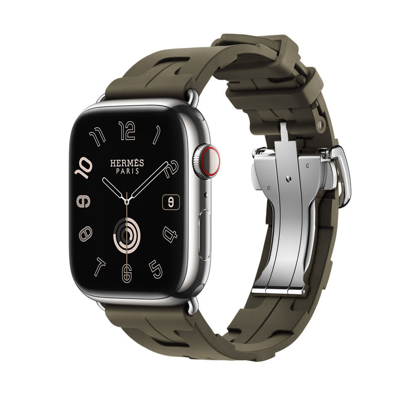 APPLE WATCH HERMES 9系列_45mm 銀色不銹鋼錶殼_卡其色 Kilim 橡膠單圈折疊錶釦錶款_NT$ 42,400