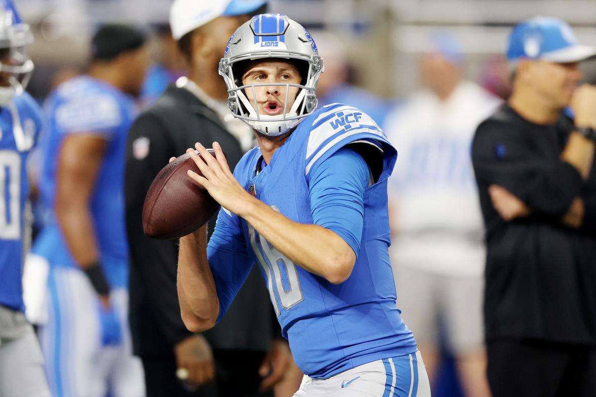 Detroit Lions quarterback Jared Goff (16) on the sideline in the second  half against the Buffalo Bills during an NFL preseason football game,  Friday, Aug. 13, 2021, in Detroit. (AP Photo/Rick Osentoski