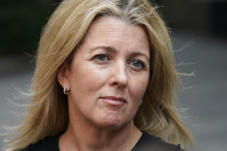 Sexual assault survivor Laurie Kanyok speaks to members of the media during a break in sentencing proceedings for convicted sex offender Robert Hadden outside Federal Court, Monday, July 24, 2023, in New York. The former obstetrician was convicted of sexually abusing multiple patients over several decades. (AP Photo/John Minchillo)