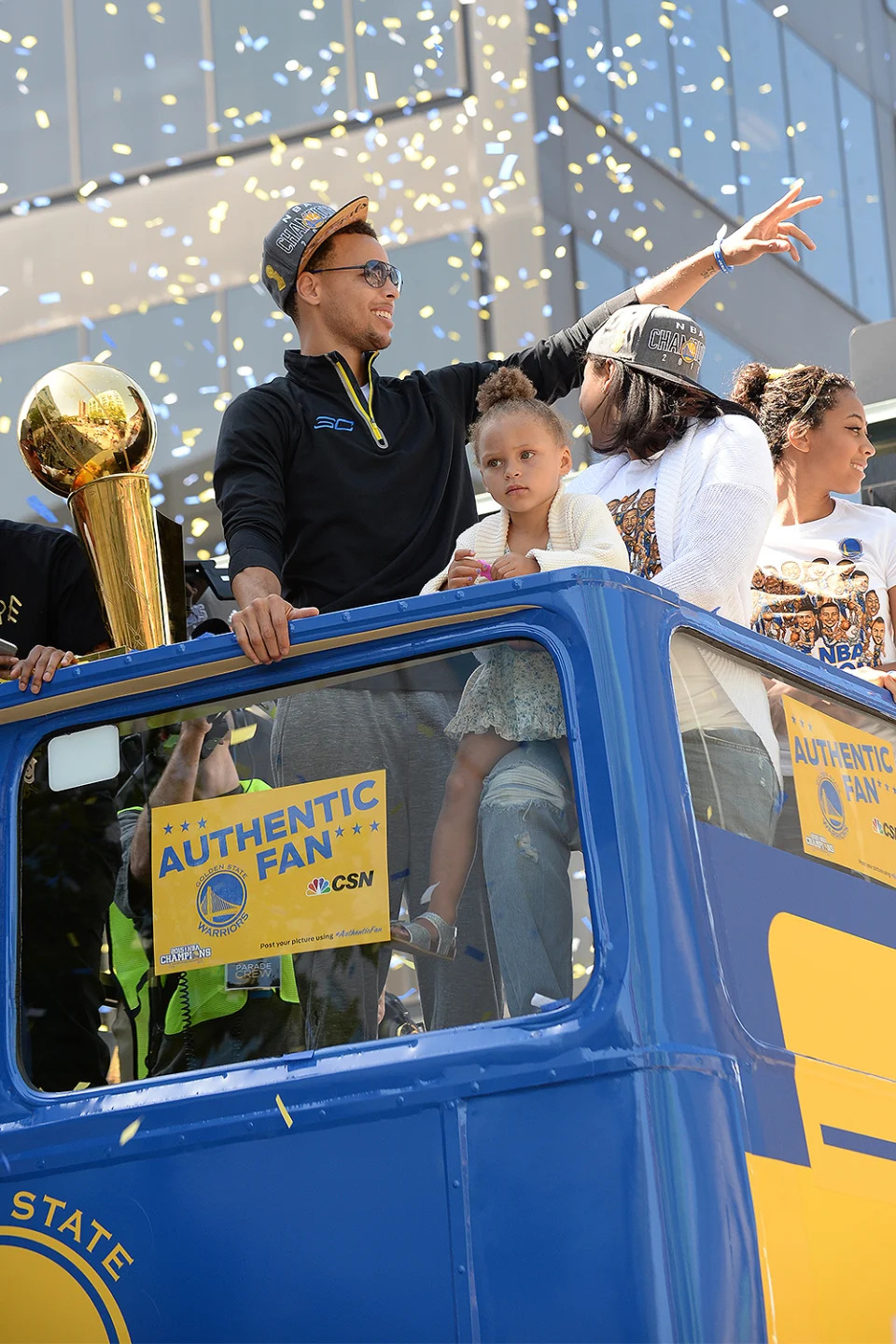 <p>Cuteness and confetti! <a href="https://people.com/tag/stephen-curry/" rel="nofollow noopener" target="_blank" data-ylk="slk:Stephen Curry;elm:context_link;itc:0" class="link ">Stephen Curry</a> had a major support system around him during the Golden State Warriors Victory Parade in 2015. His firstborn daughter, <a href="https://people.com/parents/stephen-curry-daughter-riley-10th-birthday-tribute/" rel="nofollow noopener" target="_blank" data-ylk="slk:Riley Curry;elm:context_link;itc:0" class="link ">Riley Curry</a>, joined him in celebration — along with his wife, <a href="https://people.com/sports/stephen-curry-ayesha-curry-relationship-timeline/" rel="nofollow noopener" target="_blank" data-ylk="slk:Ayesha Curry;elm:context_link;itc:0" class="link ">Ayesha Curry</a>.</p> <p>It was a major moment for the family and the team, as it was the Warriors' first NBA title in 40 years!</p>