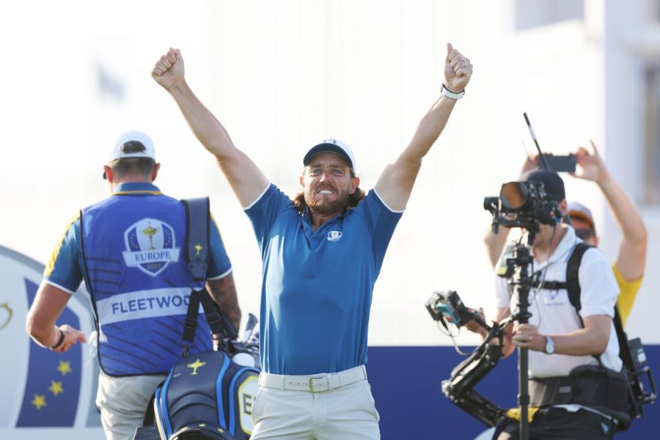 Tommy Fleetwood celebrates clinching victory for Europe (Getty)