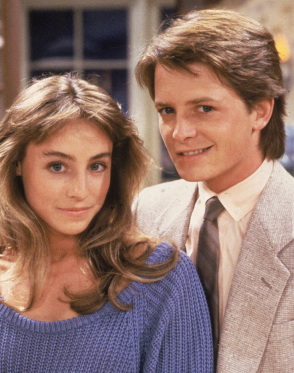 Michael J Fox and Tracy Pollan on the set of the television series, 'Family Ties'