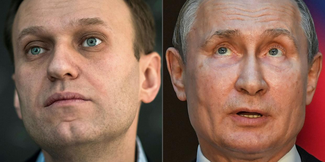 (COMBO) This combination of pictures created on October 1, 2020 shows Russian opposition leader Alexei Navalny (L, on January 16, 2018 in Moscow) and Russian President Vladimir Putin (on July 4, 2019 in Rome). - Russian opposition leader Alexei Navalny has accused President Vladimir Putin of being behind his poisoning, in his first interview published since he left the German hospital where he was treated. "I assert that Putin is behind this act, I don't see any other explanation," he told the German weekly Der Spiegel, which published extracts from the interview on its website Thursday, October 1, 2020. (Photos by Mladen ANTONOV and Tiziana FABI / AFP) (Photo by MLADEN ANTONOV,TIZIANA FABI/AFP via Getty Images)