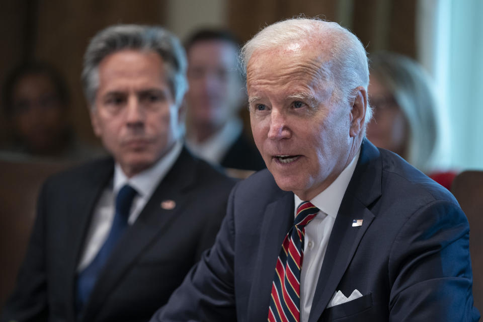 Secretary of State Antony Blinken listens as President Joe Biden speaks during a cabinet meeting at the White House, Tuesday, Sept. 6, 2022, in Washington. (AP Photo/Evan Vucci)