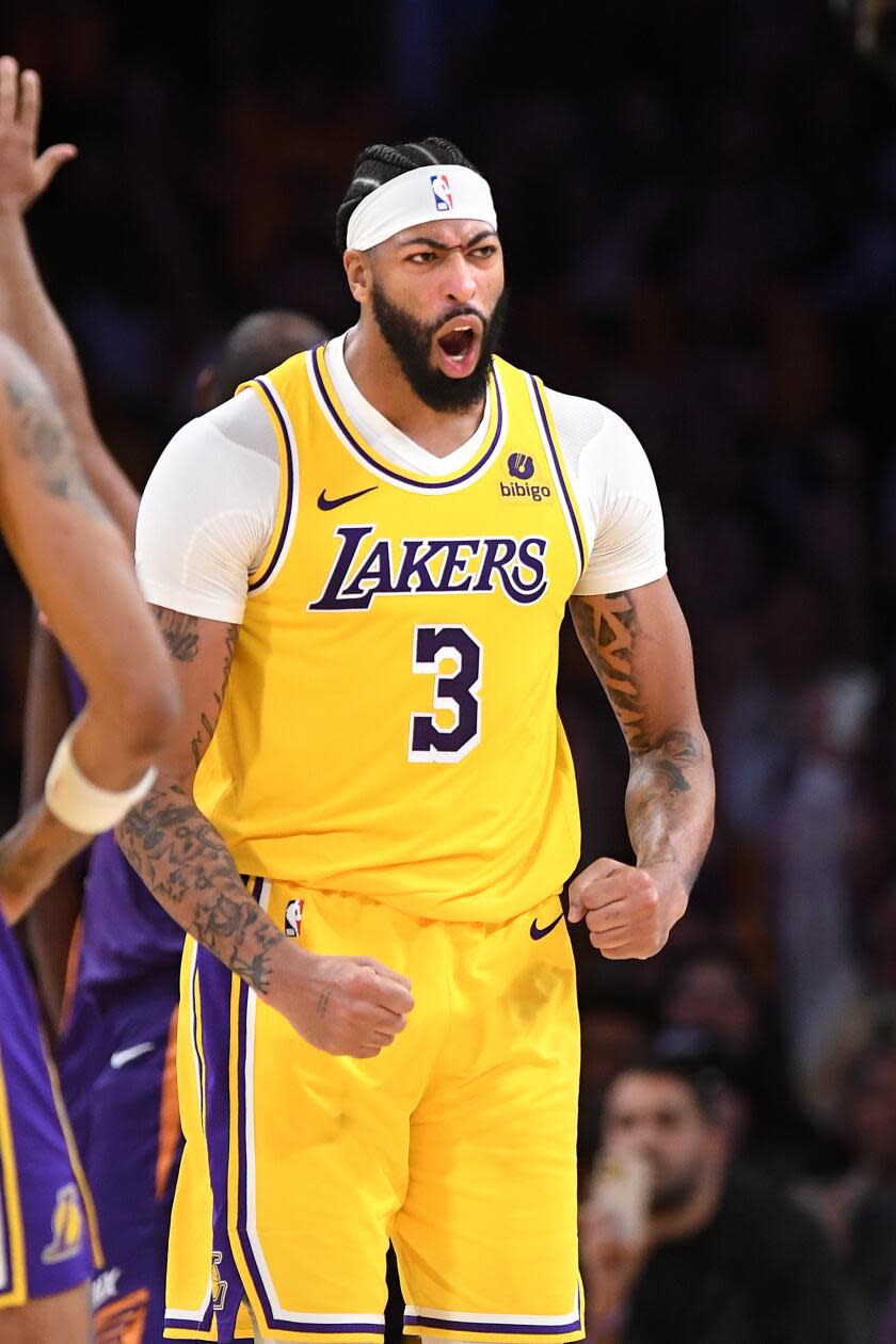 Los Angeles, California October 26, 2023-Lakers Anthony Davis celebrates his basket after being.