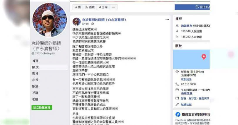 急診科醫師白永嘉發文表示，連假還沒有結束，很多家醫院的急診出現病患增加的情形。（ 圖／白永嘉醫師FB）