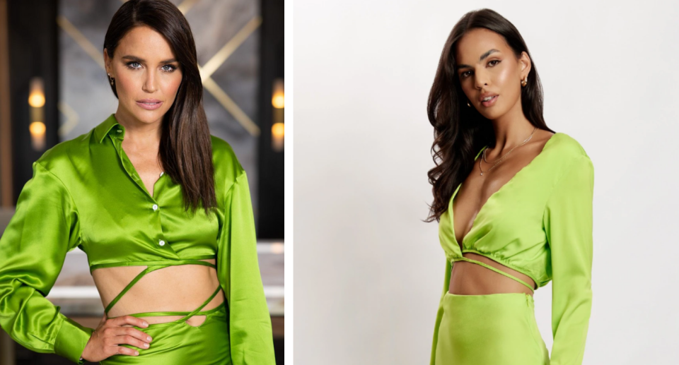 At left, Jodi Gordon wears a long-sleeved shiny lime green midriff shirt with tight skirt; at right, a model wears a similar outfit.