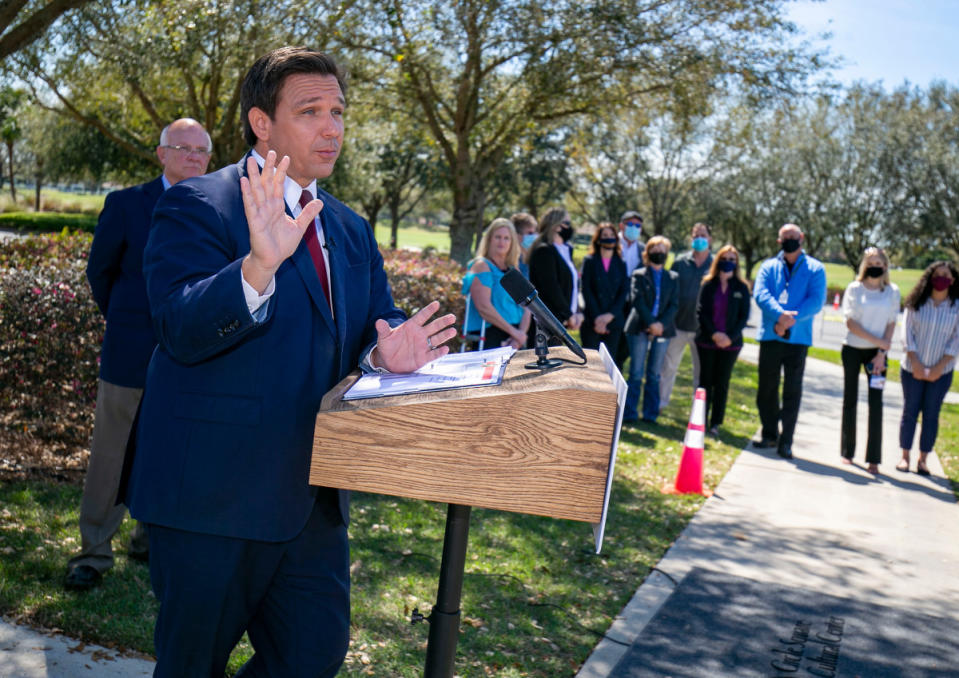 DeSantis speaks to the media as he visited a drive-thru Covid-19 vaccination site in Ocala, Fla., on March 5, 2021.