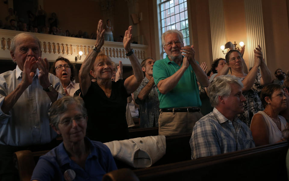 Sen. Bernie Sanders receives a standing ovation while speaking at a town meeting at the South Church on May 27, 2015 in Portsmouth, New Hampshire.
