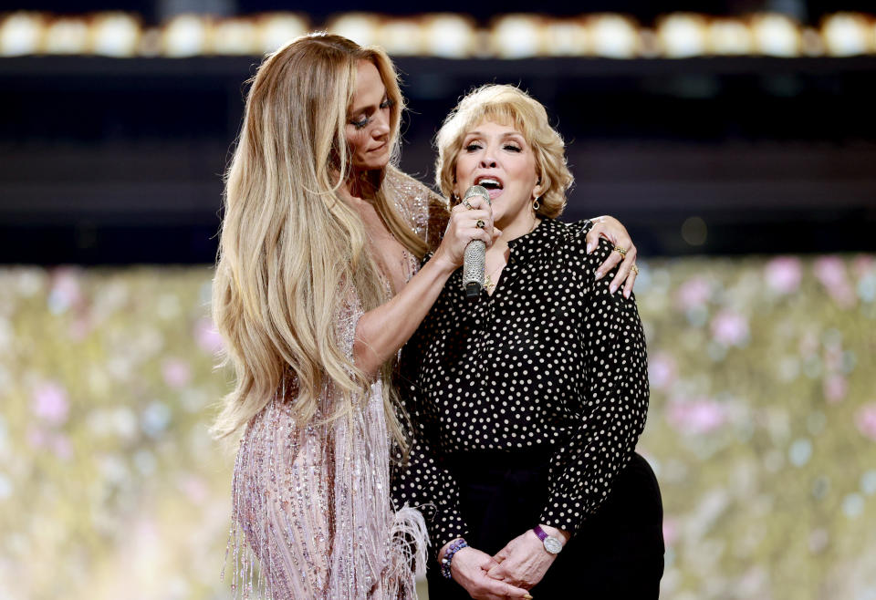 Jennifer Lopez with mom Guadalupe Rodríguez during Global Citizen VAX LIVE: The Concert To Reunite The World at SoFi Stadium in Inglewood, California. 