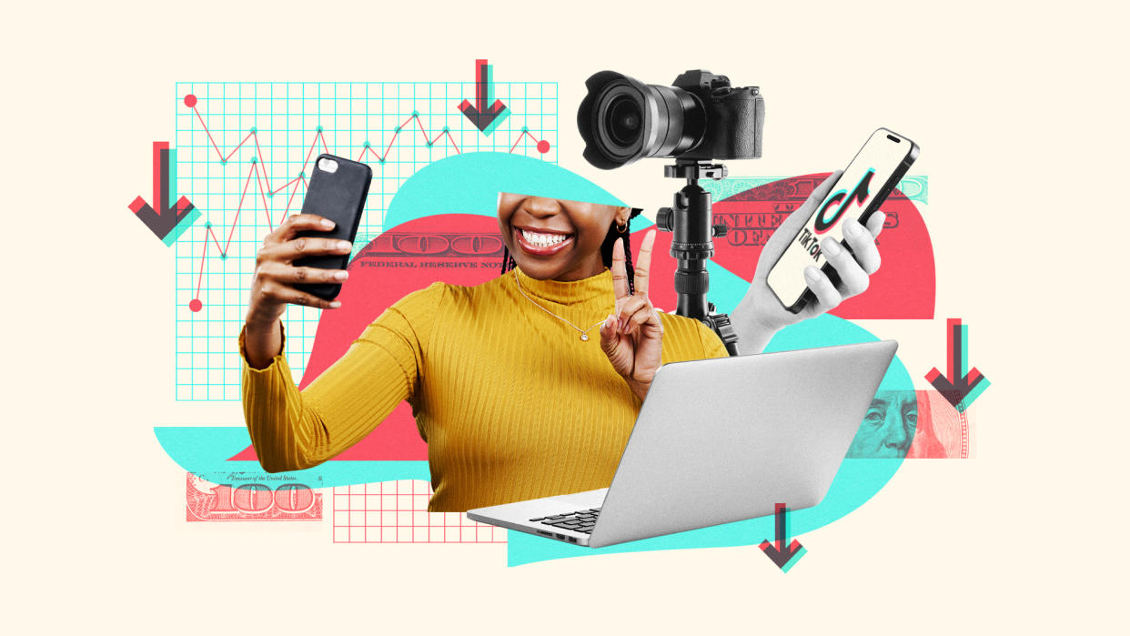  Collage illustration of a TikTok influencer with a laptop computer, camera and smartphone. 