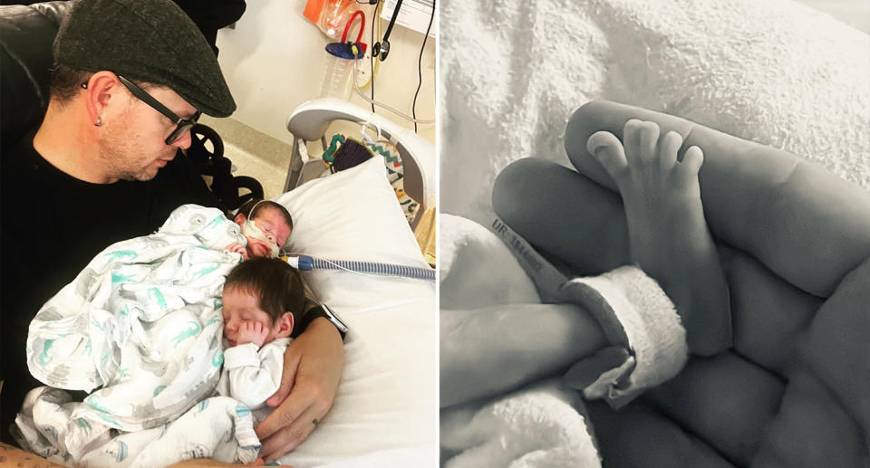 James holding the twin boys and one of the boy's tiny feet just after being born 13 weeks early.