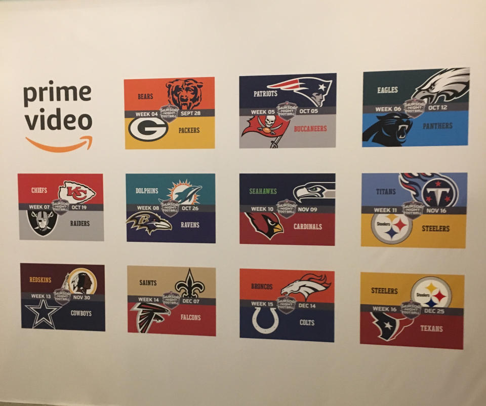 A wall at Amazon’s AWS Loft in Manhattan showing its streaming NFL games. (Daniel Roberts/Oath)
