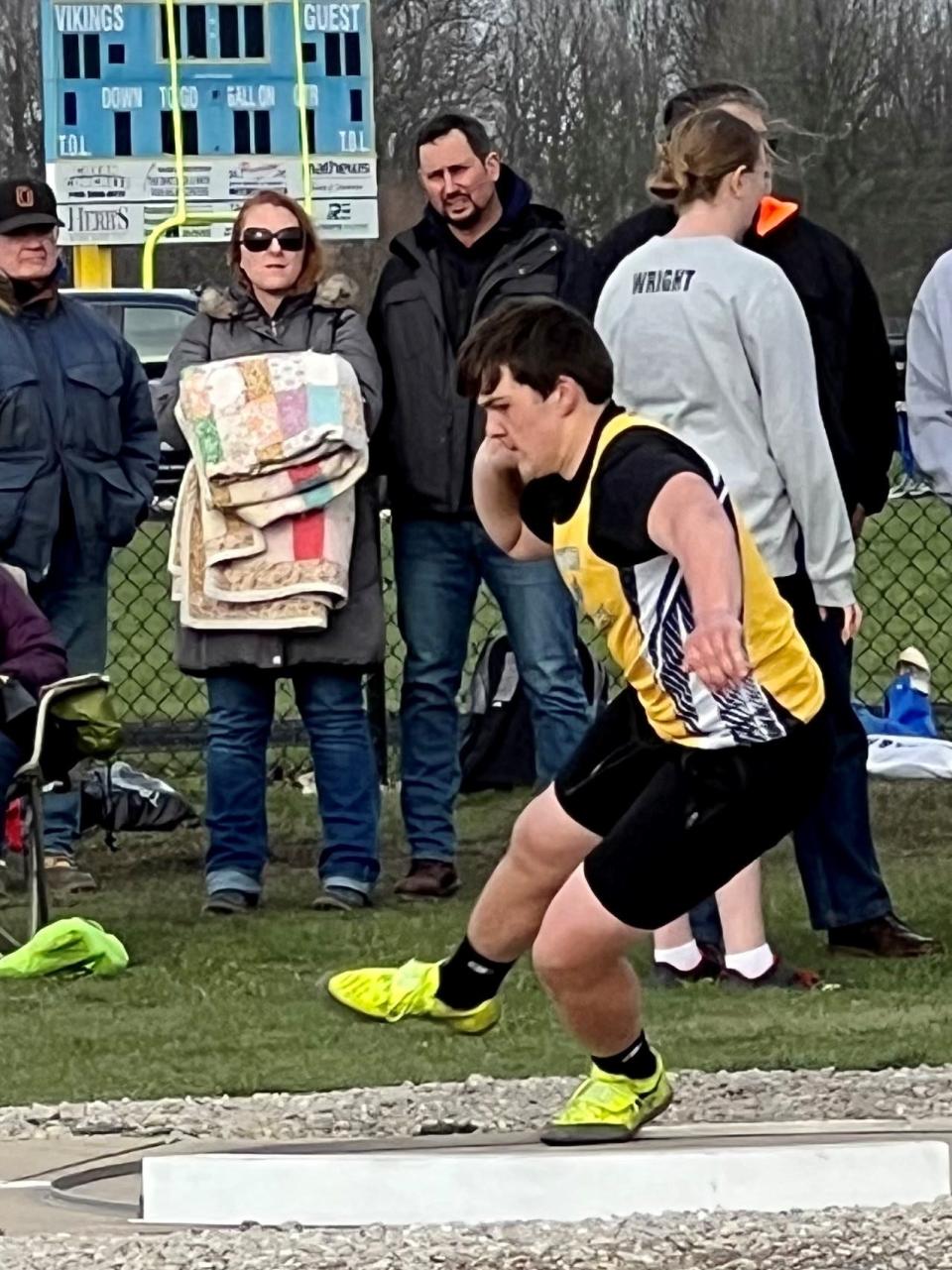 River Valley's Ethan Lyon winds up for the boys shot put during this year's Keller-Rich RV Relays.