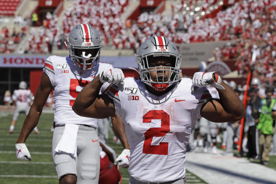 Ohio State running back J.K. Dobbins (2) celebrates after scoring a touchdown during the first half of an NCAA college football game against Indiana, Saturday, Sept. 14, 2019, in Bloomington, Ind. (AP Photo/Darron Cummings)