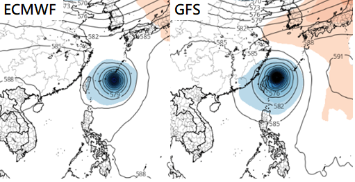 左圖為歐洲、日本、氣象局預測，右圖為美國氣象局模式及美國海軍模式模擬。（翻攝自吳德榮網站）