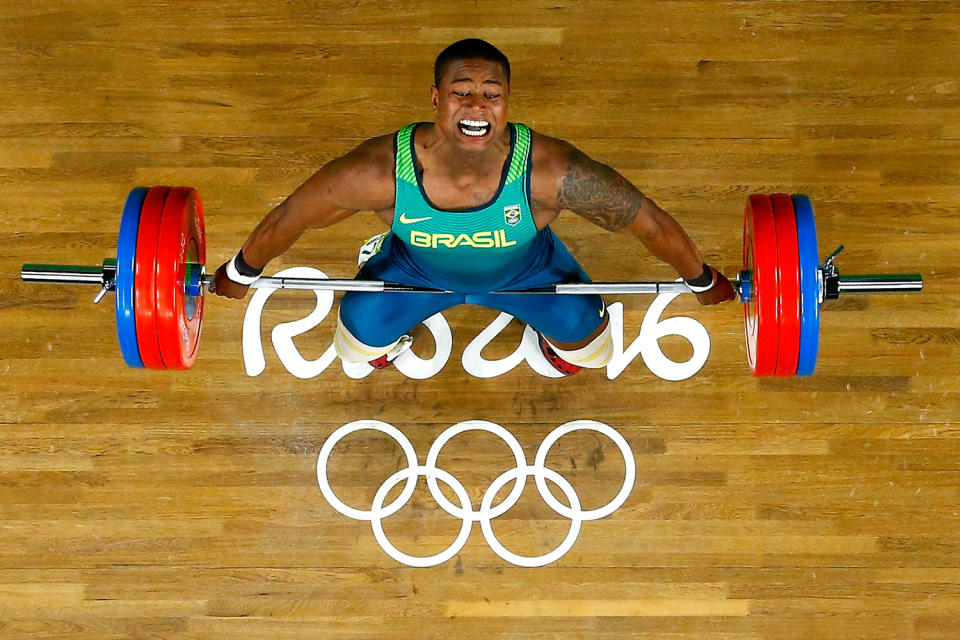 <p>Mateus Filipe Gregorio Machado of Brazil competes during the Men’s 105kg Group B Weightlifting event on Day 10 of the Rio 2016 Olympic Games at Riocentro – Pavilion 2 on August 15, 2016 in Rio de Janeiro, Brazil. (Photo by Pool/Getty Images) </p>