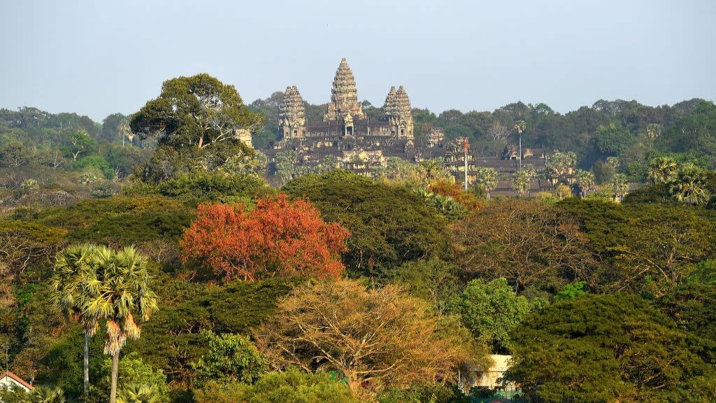  An aerial view of Angkor Wat and surrounding trees. 