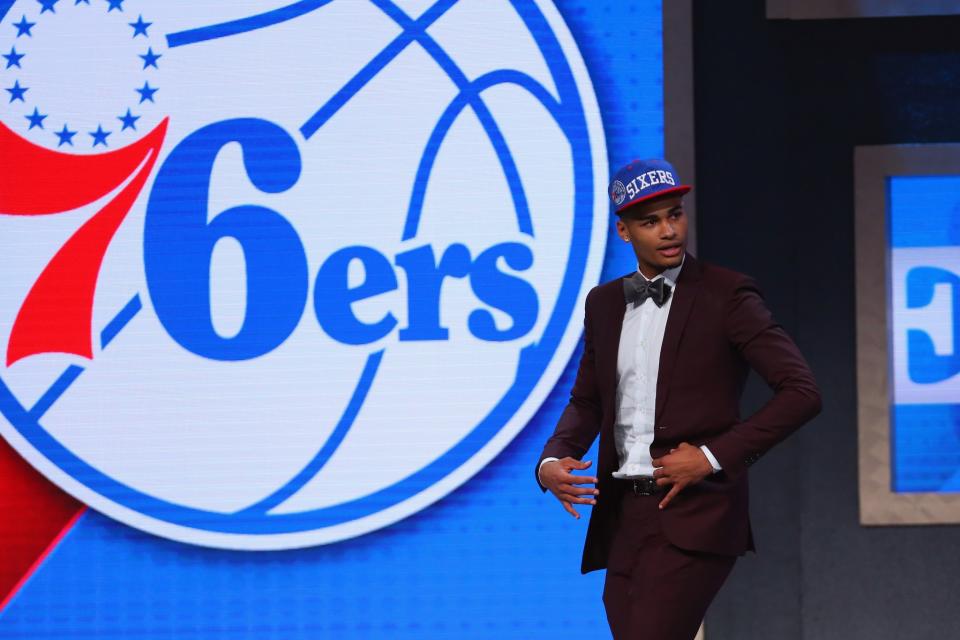 <p>NEW YORK, NY – JUNE 23: Timothe Luwawu-Cabarrot celebrates on stage after being drafted 24th overall by the Philadelphia 76ers in the first round of the 2016 NBA Draft at the Barclays Center on June 23, 2016 in the Brooklyn borough of New York City. (Photo by Mike Stobe/Getty Images) </p>