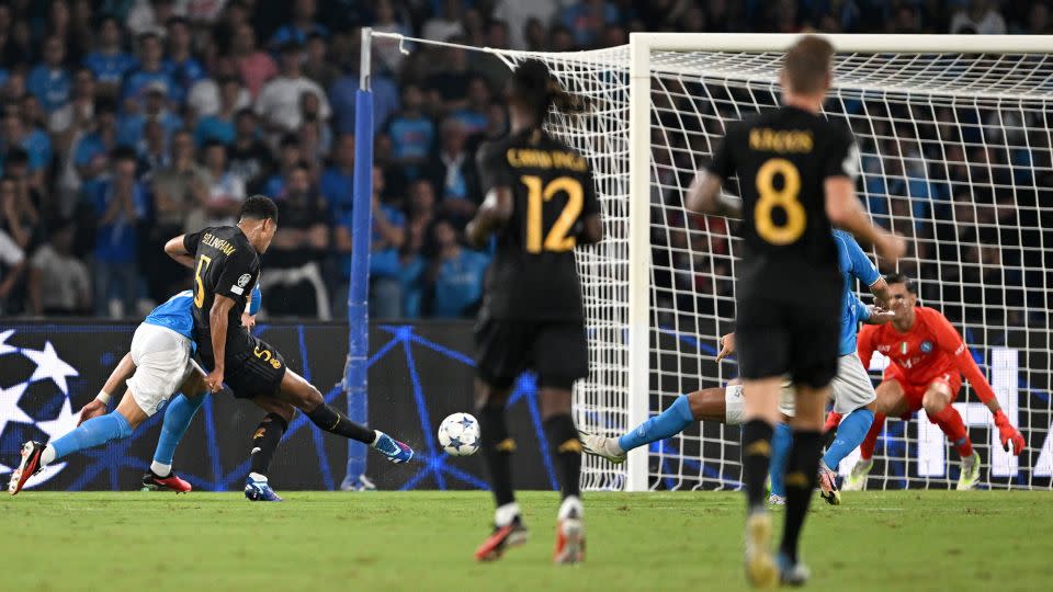 Bellingham scores Real Madrid's second goal against Napoli. - Francesco Pecoraro/Getty Images