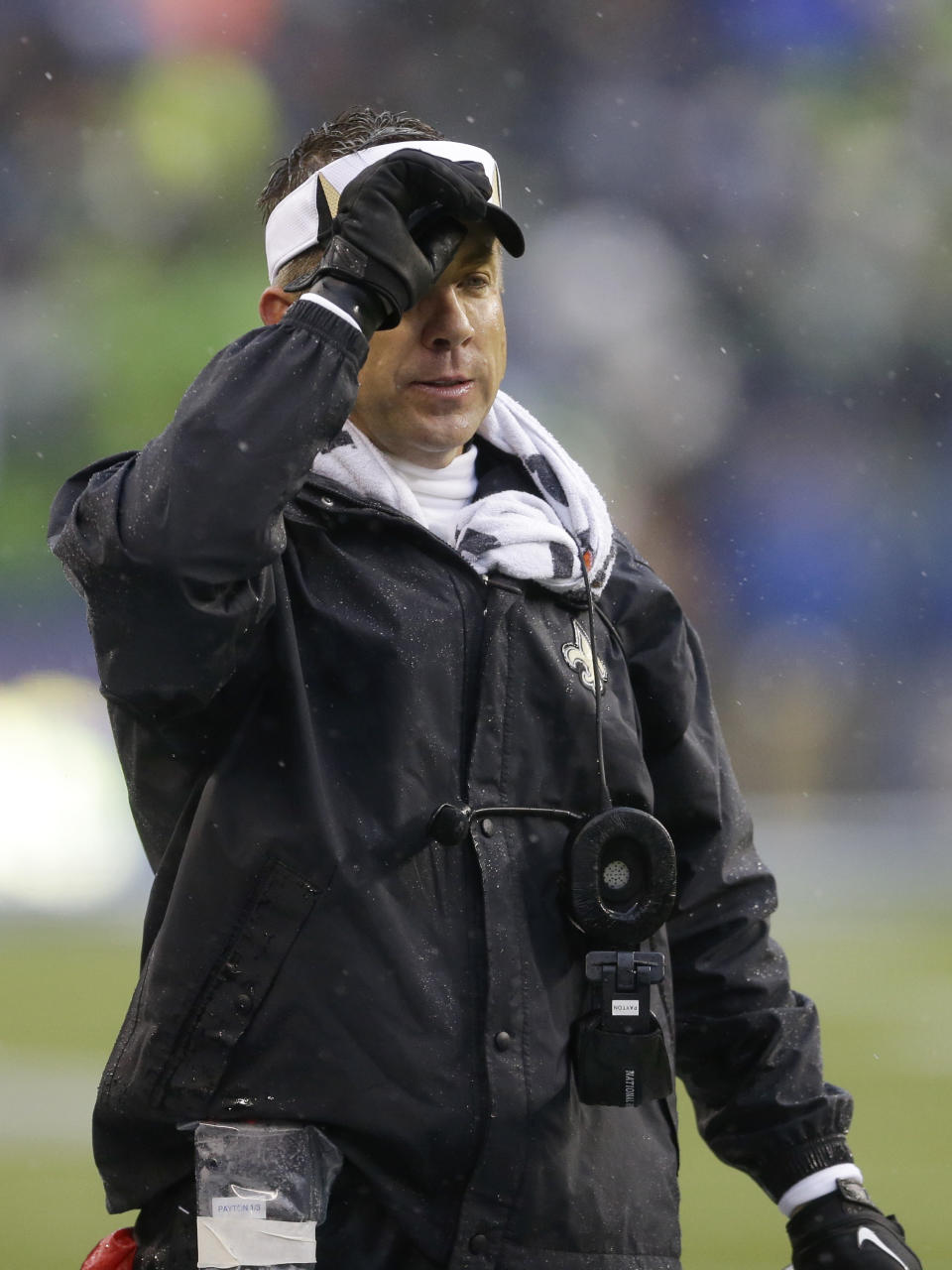 New Orleans Saints coach Sean Payton watches from the sideline during the second quarter of an NFC divisional playoff NFL football game against the Seattle Seahawks in Seattle, Saturday, Jan. 11, 2014. (AP Photo/Ted S. Warren)