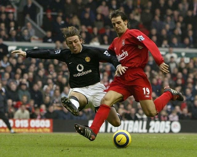 Heinze, right, was keen to swap Old Trafford for Anfield