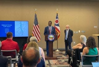 Jack Marchbank, the Director of the ODOT speaks about the proposed US Route 23 Connect project at Columbus State Community College in Delaware, Ohio, on Monday, June 17.