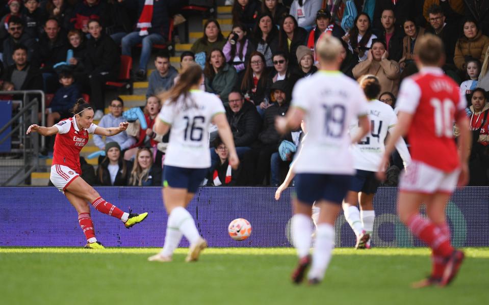 Caitlin Foord scores her second and Arsenal's fourth at the end of a commanding display - Getty Images/Alex Burstow