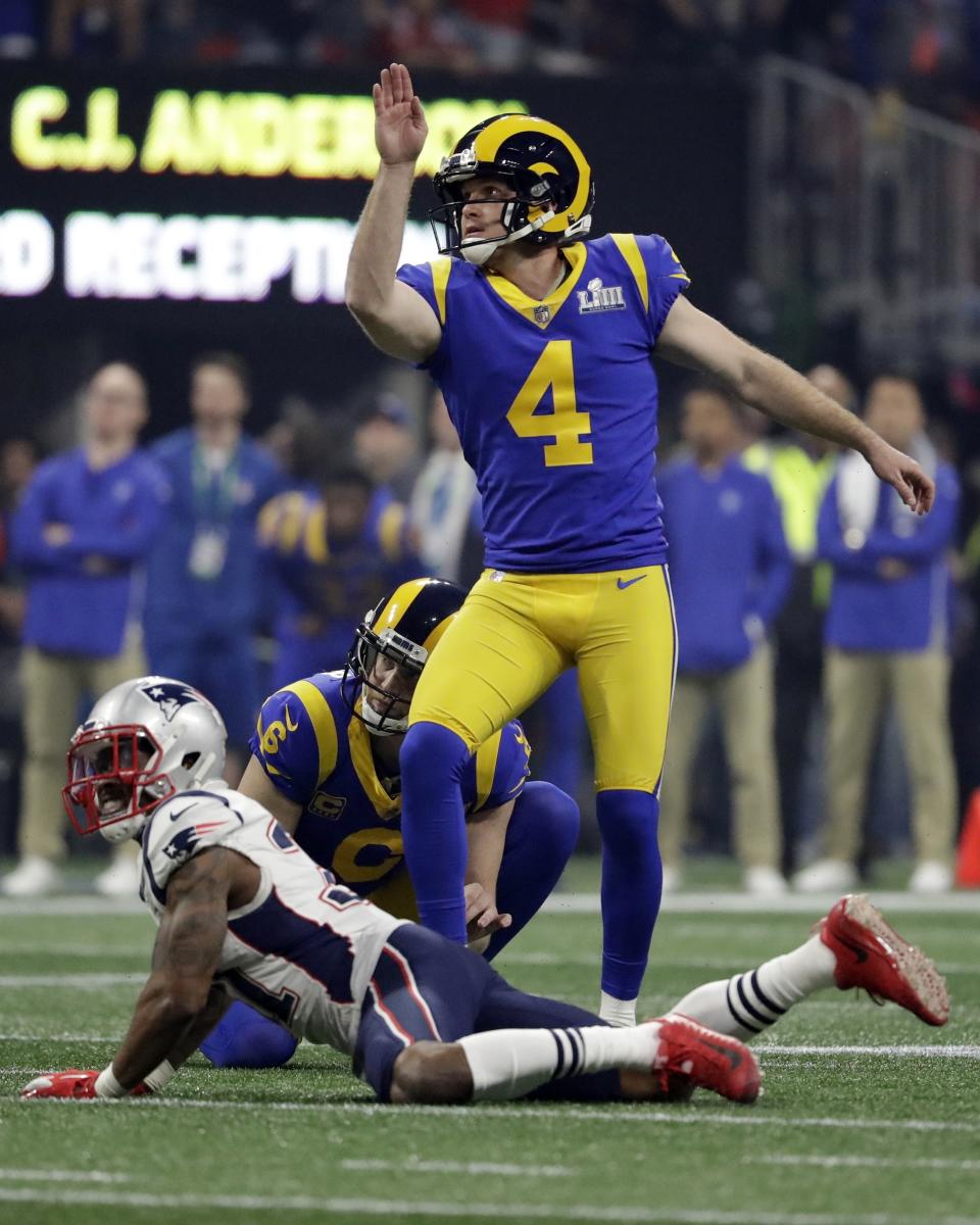 Los Angeles Rams' Greg Zuerlein (4) watches his field goal during the second half of the NFL Super Bowl 53 football game against the New England Patriots Sunday, Feb. 3, 2019, in Atlanta. (AP Photo/Jeff Roberson)