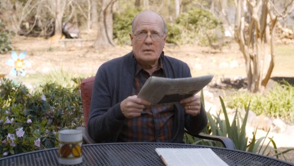 Peter Quill's grandpa reading the paper outside looks up in Guardians of the Galaxy Vol. 3