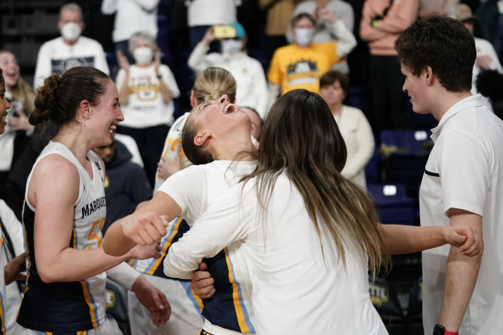 Marquette's Emily La Chapell reacts during after an NCAA college basketball game against UConn Wednesday, Feb. 8, 2023, in Milwaukee. (AP Photo/Aaron Gash)