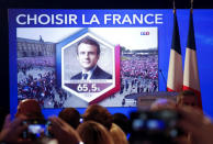 Results are projected before Marine Le Pen, French National Front (FN) political party candidate for French 2017 presidential election, delivers a concession speech at the Chalet du Lac in the Bois de Vincennes in Paris after the second round of 2017 French presidential election, France, May 7, 2017. REUTERS/Charles Platiau