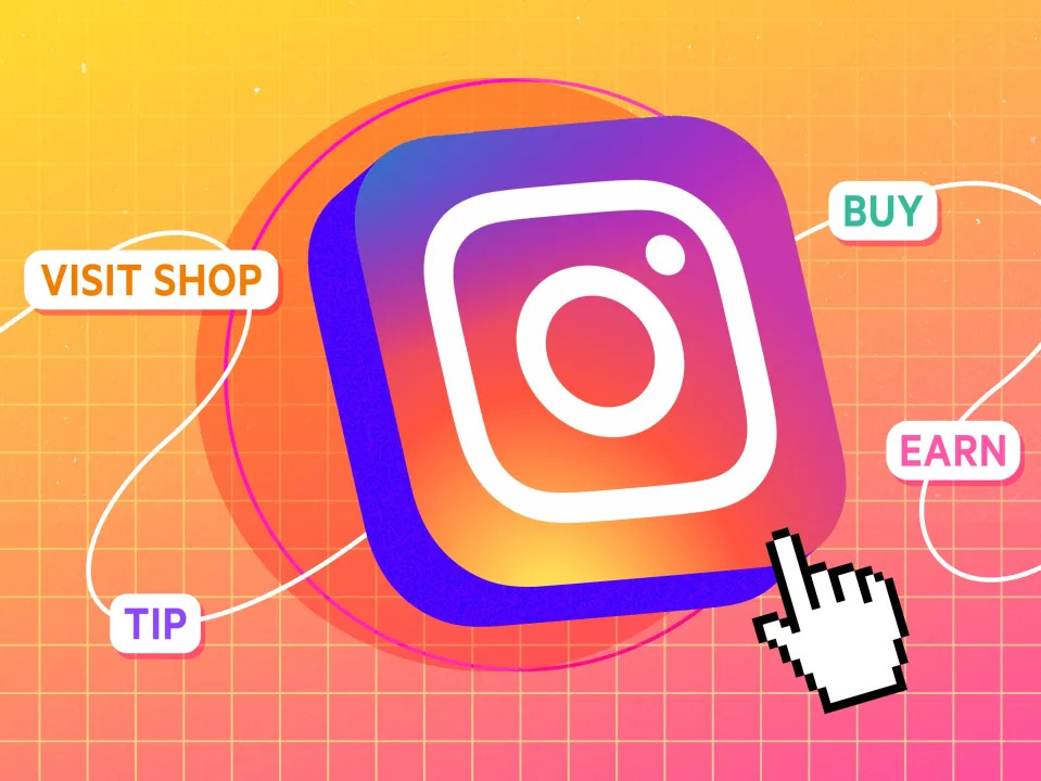 Instagram logo in the center with "Visit Shop", "Tip", "Buy", and "Earn" buttons surrounding it on an orange and pink gradient background