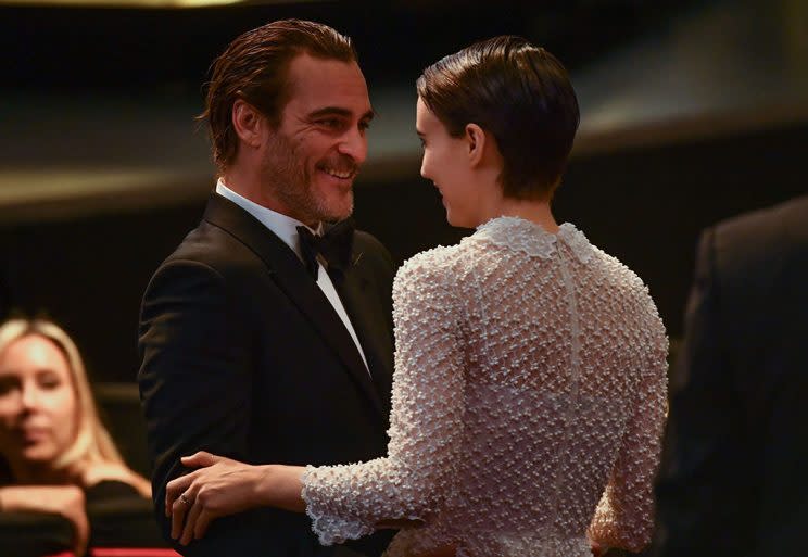 Joaquin Phoenix and US actress Rooney Mara attend on May 28, 2017 the closing ceremony of the 70th edition of the Cannes Film Festival