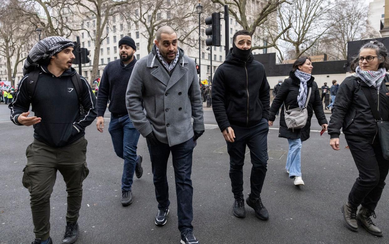 Rapper Lowkey attends the protest in support of Gaza outside No 10