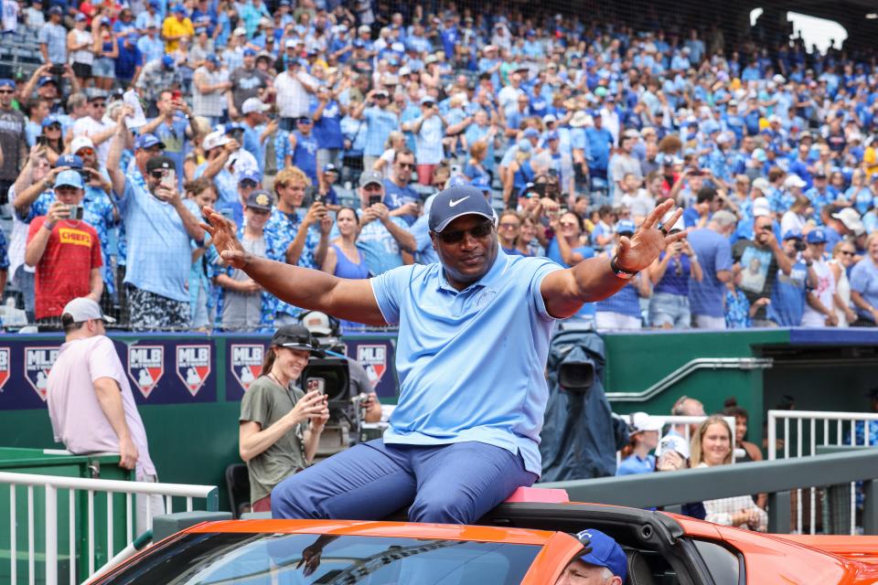 Bo Jackson greets fans as he enters the stadium for his Royals Hall of Fame induction prior to the game against the Guardians at Kauffman Stadium, June 28, 2023, in Kansas City, Missouri.