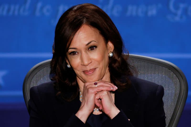 Democratic vice presidential nominee Senator Kamala Harris and U.S. Vice President Mike Pence participate in their 2020 vice presidential campaign debate in Salt Lake City