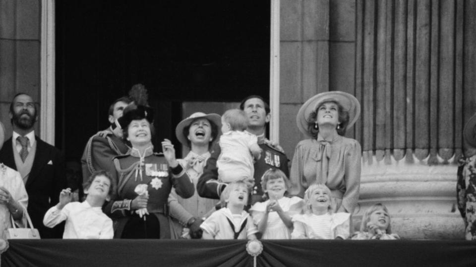 The royal family gather on the balcony of Buckingham Palace in London for the Trooping the Colour ceremony, 15th June 1985. From left to right, Prince Michael of Kent, Lord Frederick Windsor, Queen Elizabeth II, Princess Anne, Prince Charles and Diana Princess of Wales with Prince William and Prince Harry, Lady Davina Windsor