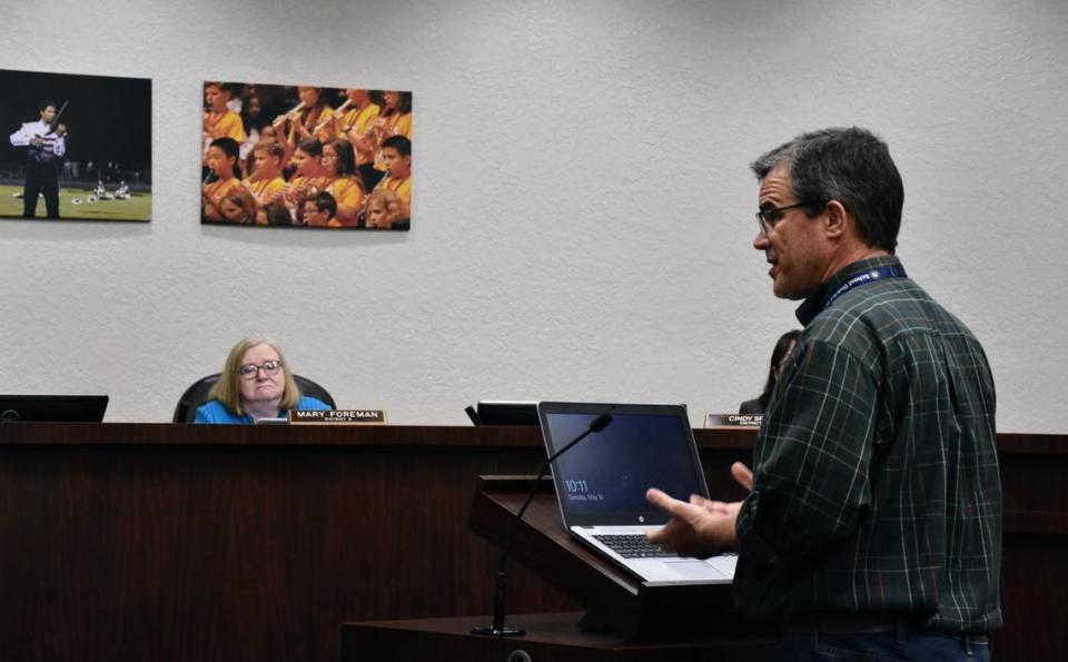 Former School Board Member Charlie Kennedy speaks during public comment Tuesday, May 16, 2023.