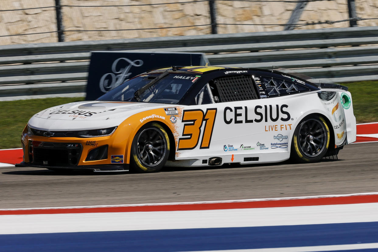 AUSTIN, TX - MARCH 24: Justin Haley (#31 Kaulig Racing Celsius Chevrolet) flies through turn 15 during practice for the NASCAR Cup Series EchoPark Automotive Grand Prix on March 24, 2023 at Circuit of the Americas in Austin, Texas. (Photo by Matthew Pearce/Icon Sportswire via Getty Images)