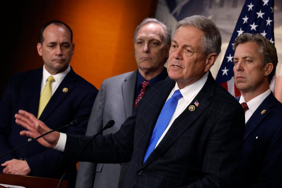 (L-R) Rep. Bob Good (R-VA), Rep. Andy Biggs (R-AZ), Rep. Ralph Norman (R-SC) and Rep. Andy Ogles (R-TN) talk to reporters about their Stand with Israel resolution at the U.S. Capitol Visitors Center on March 05, 2024 in Washington, DC.