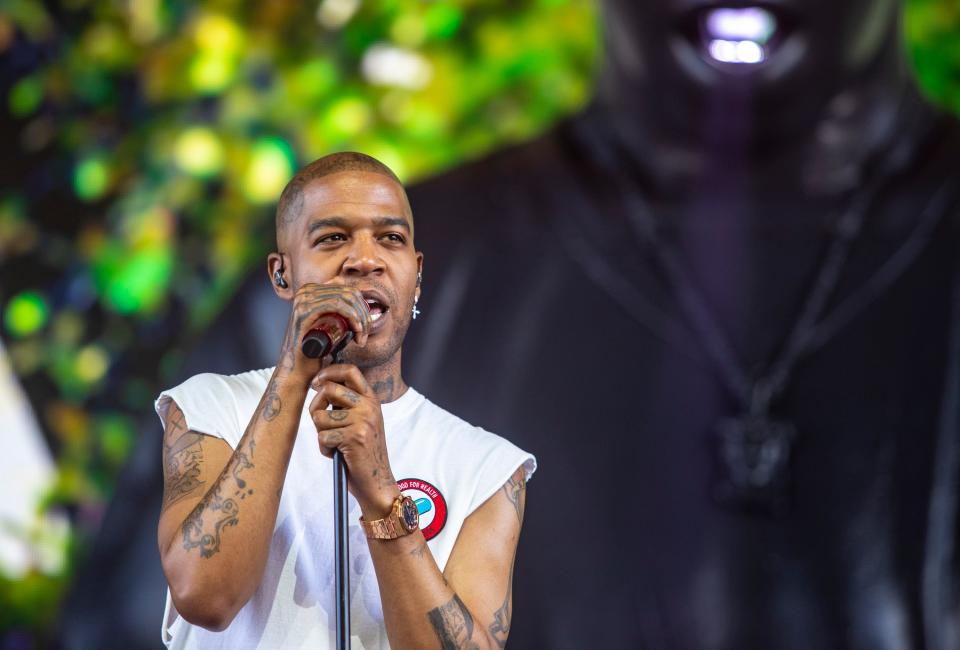 Kid Cudi performs in the Sahara tent during the Coachella Valley Music and Arts Festival in Indio, Calif., Sunday, April 21, 2024.