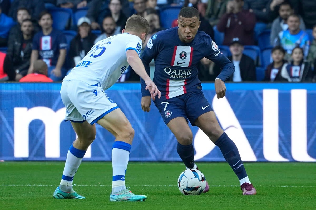 France forward Kylian Mbappe (right) was on target for PSG against Auxerre (Michel Euler/AP) (AP)
