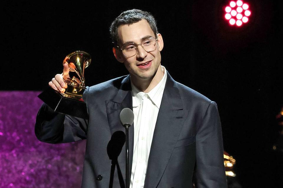 <p>Leon Bennett/Getty</p> Jack Antonoff accepts his producer of the year Grammy in Los Angeles on Feb. 4, 2024