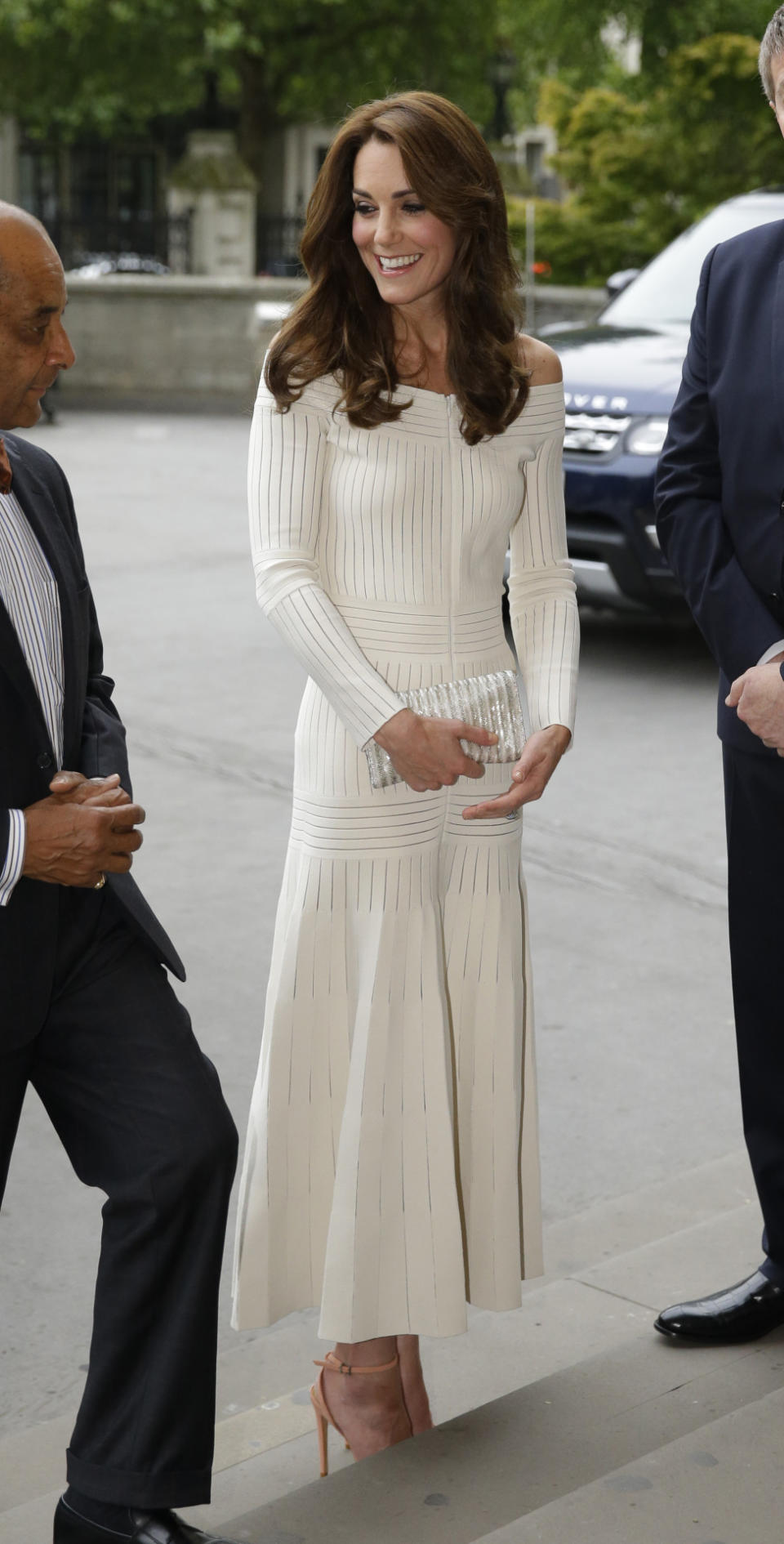 The Duchess of Cambridge in an off-the-shoulder dress at a dinner hosted at the Natural History Museum in London. 