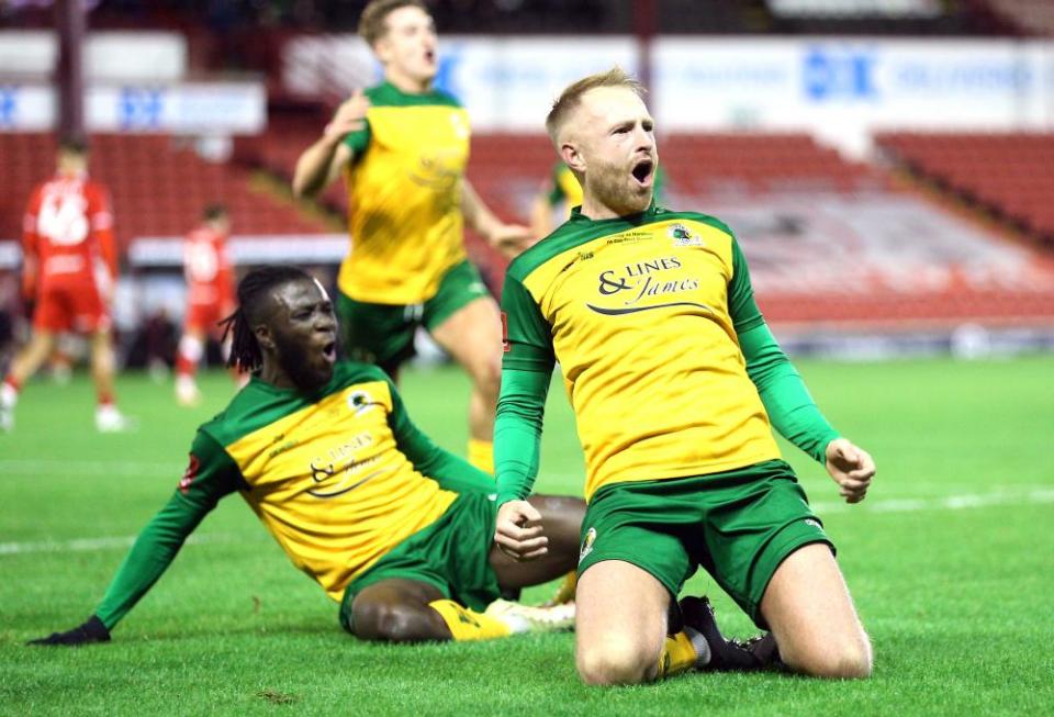 Horsham’s James Hammond celebrates scoring in the draw against Barnsley in the first round.