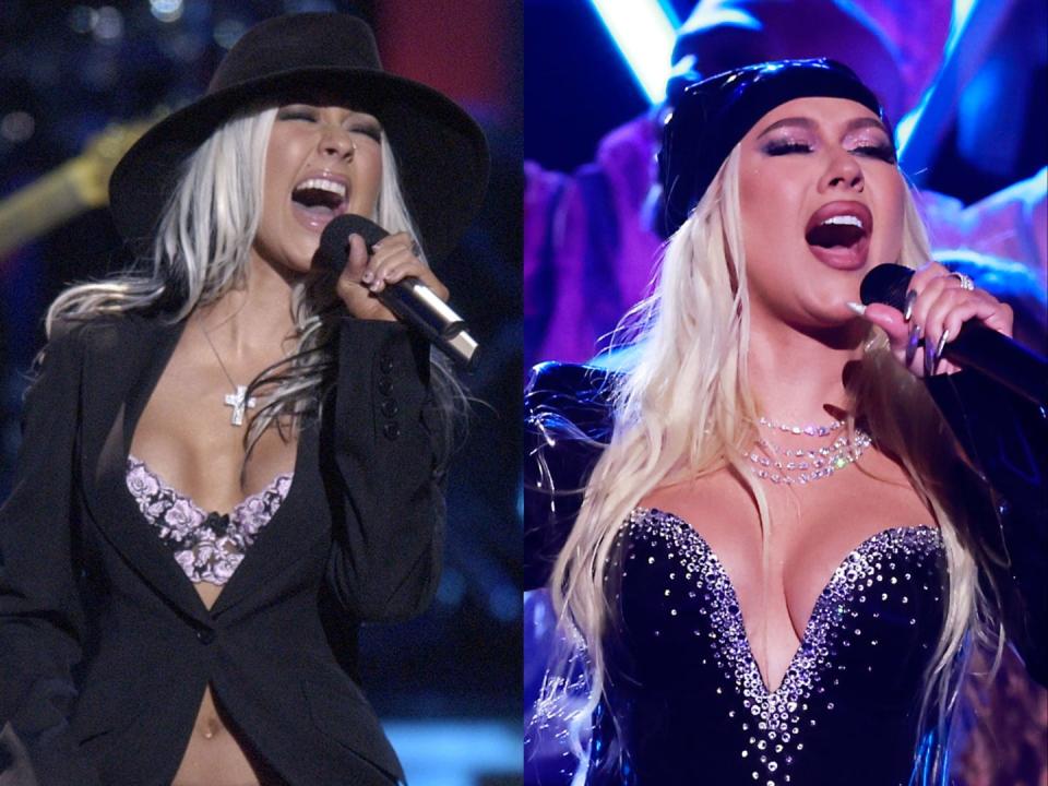 On the left, Christina Aguilera performing in 2002. On right, Aguilera performing in 2022.