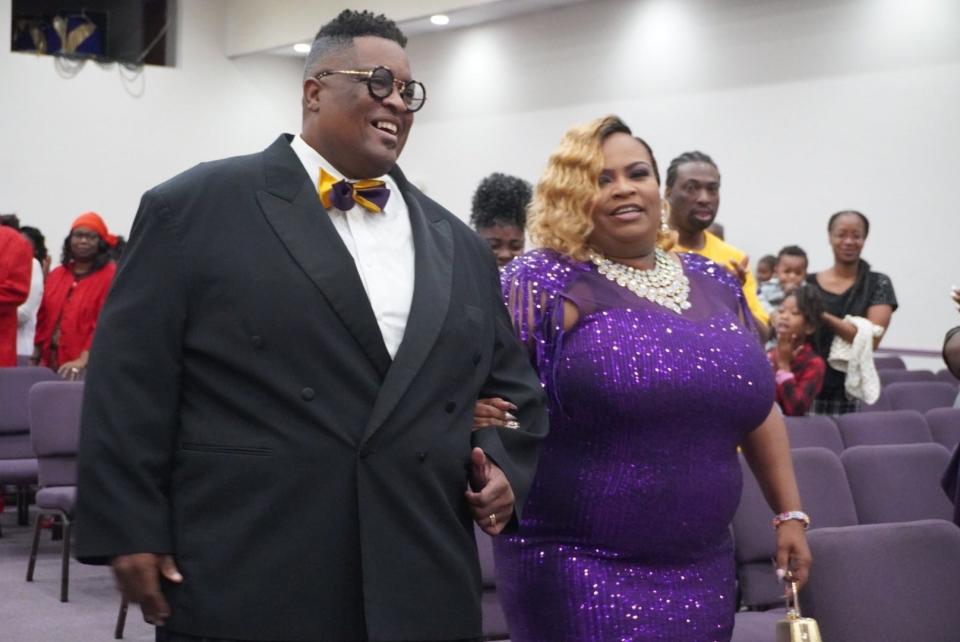 The Rev. Karl Anderson of Upper Room Ministries of Greater Gainesville, left, and his wife, Lady Brecka Anderson, right, celebrated their 50th birthdays during a service at the church on Sunday.
(Credit: Photo by Voleer Thomas, Correspondent)